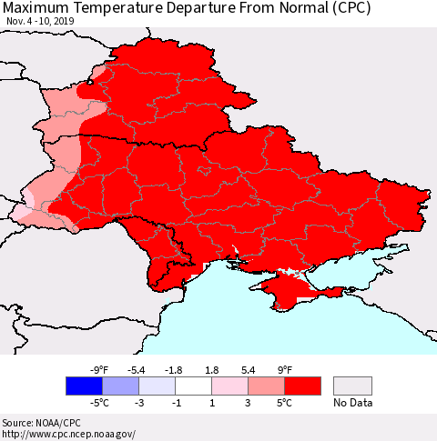Ukraine, Moldova and Belarus Mean Maximum Temperature Departure from Normal (CPC) Thematic Map For 11/4/2019 - 11/10/2019