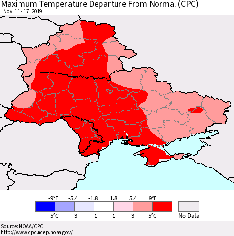 Ukraine, Moldova and Belarus Maximum Temperature Departure From Normal (CPC) Thematic Map For 11/11/2019 - 11/17/2019