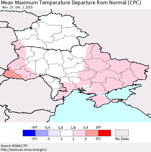 Ukraine, Moldova and Belarus Maximum Temperature Departure From Normal (CPC) Thematic Map For 11/25/2019 - 12/1/2019