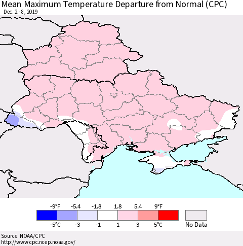 Ukraine, Moldova and Belarus Mean Maximum Temperature Departure from Normal (CPC) Thematic Map For 12/2/2019 - 12/8/2019