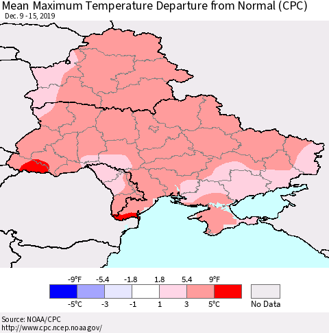 Ukraine, Moldova and Belarus Mean Maximum Temperature Departure from Normal (CPC) Thematic Map For 12/9/2019 - 12/15/2019