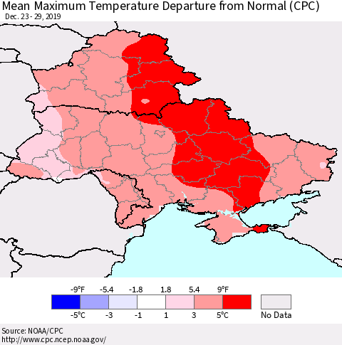 Ukraine, Moldova and Belarus Mean Maximum Temperature Departure from Normal (CPC) Thematic Map For 12/23/2019 - 12/29/2019
