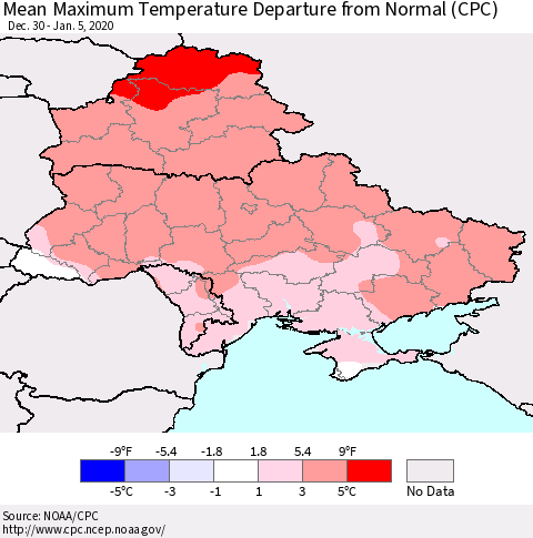 Ukraine, Moldova and Belarus Maximum Temperature Departure From Normal (CPC) Thematic Map For 12/30/2019 - 1/5/2020