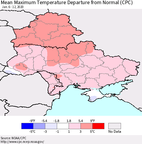 Ukraine, Moldova and Belarus Mean Maximum Temperature Departure from Normal (CPC) Thematic Map For 1/6/2020 - 1/12/2020