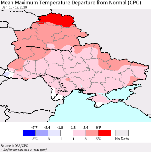 Ukraine, Moldova and Belarus Mean Maximum Temperature Departure from Normal (CPC) Thematic Map For 1/13/2020 - 1/19/2020