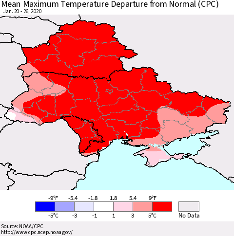 Ukraine, Moldova and Belarus Mean Maximum Temperature Departure from Normal (CPC) Thematic Map For 1/20/2020 - 1/26/2020