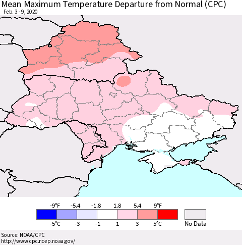 Ukraine, Moldova and Belarus Mean Maximum Temperature Departure from Normal (CPC) Thematic Map For 2/3/2020 - 2/9/2020