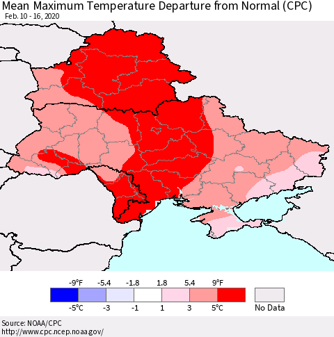 Ukraine, Moldova and Belarus Mean Maximum Temperature Departure from Normal (CPC) Thematic Map For 2/10/2020 - 2/16/2020