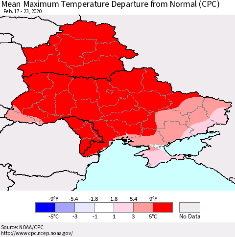 Ukraine, Moldova and Belarus Mean Maximum Temperature Departure from Normal (CPC) Thematic Map For 2/17/2020 - 2/23/2020
