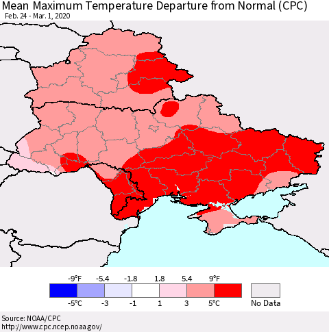 Ukraine, Moldova and Belarus Mean Maximum Temperature Departure from Normal (CPC) Thematic Map For 2/24/2020 - 3/1/2020