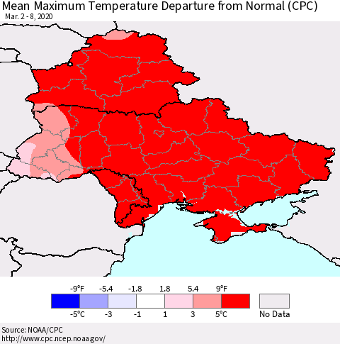 Ukraine, Moldova and Belarus Mean Maximum Temperature Departure from Normal (CPC) Thematic Map For 3/2/2020 - 3/8/2020
