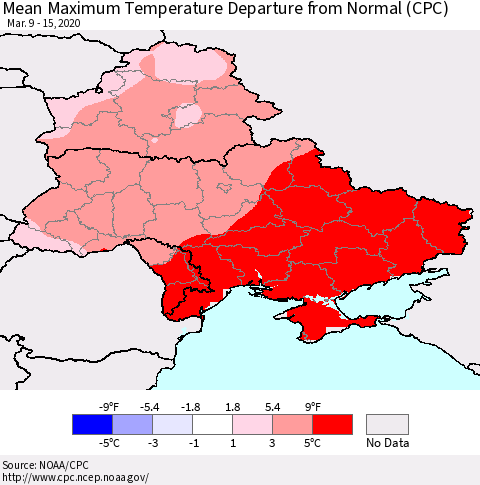 Ukraine, Moldova and Belarus Mean Maximum Temperature Departure from Normal (CPC) Thematic Map For 3/9/2020 - 3/15/2020