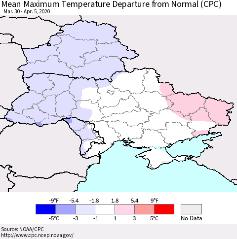 Ukraine, Moldova and Belarus Mean Maximum Temperature Departure from Normal (CPC) Thematic Map For 3/30/2020 - 4/5/2020