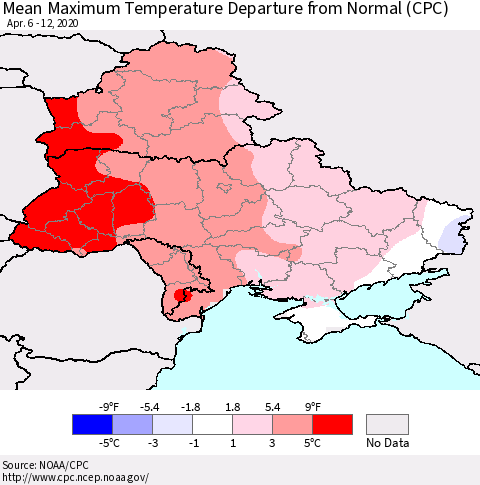 Ukraine, Moldova and Belarus Mean Maximum Temperature Departure from Normal (CPC) Thematic Map For 4/6/2020 - 4/12/2020