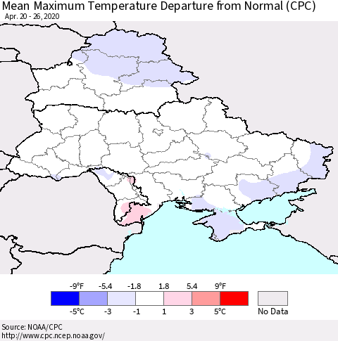Ukraine, Moldova and Belarus Maximum Temperature Departure From Normal (CPC) Thematic Map For 4/20/2020 - 4/26/2020