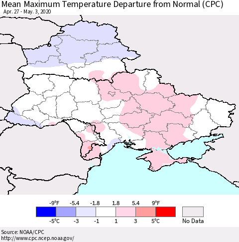 Ukraine, Moldova and Belarus Mean Maximum Temperature Departure from Normal (CPC) Thematic Map For 4/27/2020 - 5/3/2020