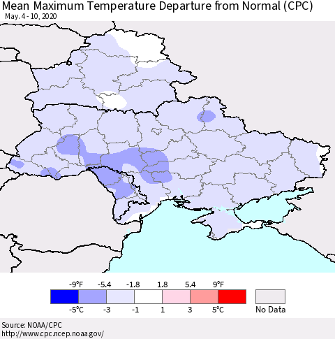 Ukraine, Moldova and Belarus Maximum Temperature Departure From Normal (CPC) Thematic Map For 5/4/2020 - 5/10/2020