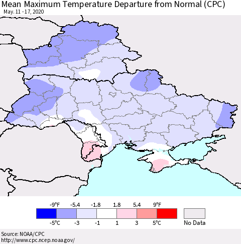 Ukraine, Moldova and Belarus Mean Maximum Temperature Departure from Normal (CPC) Thematic Map For 5/11/2020 - 5/17/2020