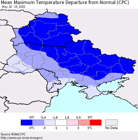 Ukraine, Moldova and Belarus Maximum Temperature Departure From Normal (CPC) Thematic Map For 5/18/2020 - 5/24/2020