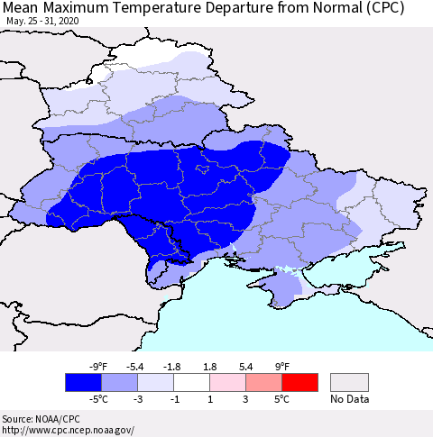 Ukraine, Moldova and Belarus Maximum Temperature Departure From Normal (CPC) Thematic Map For 5/25/2020 - 5/31/2020