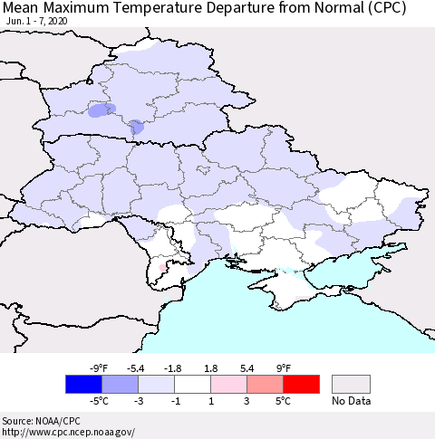 Ukraine, Moldova and Belarus Maximum Temperature Departure From Normal (CPC) Thematic Map For 6/1/2020 - 6/7/2020