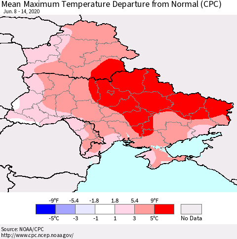 Ukraine, Moldova and Belarus Mean Maximum Temperature Departure from Normal (CPC) Thematic Map For 6/8/2020 - 6/14/2020