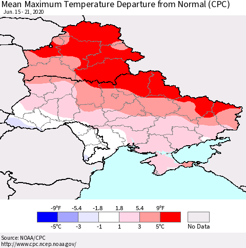 Ukraine, Moldova and Belarus Maximum Temperature Departure From Normal (CPC) Thematic Map For 6/15/2020 - 6/21/2020
