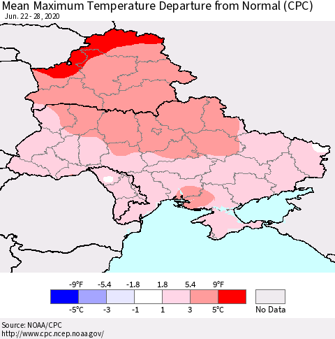 Ukraine, Moldova and Belarus Mean Maximum Temperature Departure from Normal (CPC) Thematic Map For 6/22/2020 - 6/28/2020