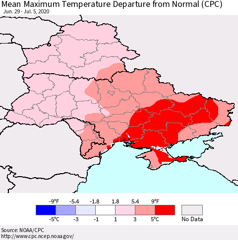 Ukraine, Moldova and Belarus Mean Maximum Temperature Departure from Normal (CPC) Thematic Map For 6/29/2020 - 7/5/2020