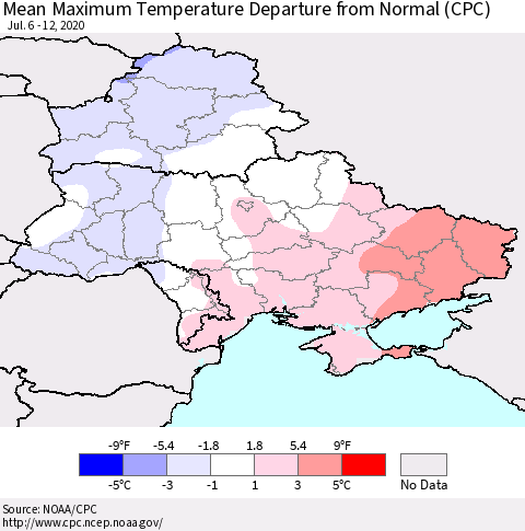 Ukraine, Moldova and Belarus Mean Maximum Temperature Departure from Normal (CPC) Thematic Map For 7/6/2020 - 7/12/2020