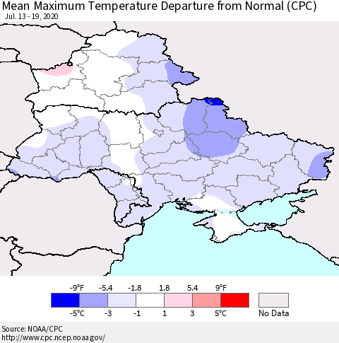 Ukraine, Moldova and Belarus Mean Maximum Temperature Departure from Normal (CPC) Thematic Map For 7/13/2020 - 7/19/2020