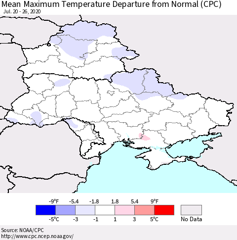 Ukraine, Moldova and Belarus Mean Maximum Temperature Departure from Normal (CPC) Thematic Map For 7/20/2020 - 7/26/2020