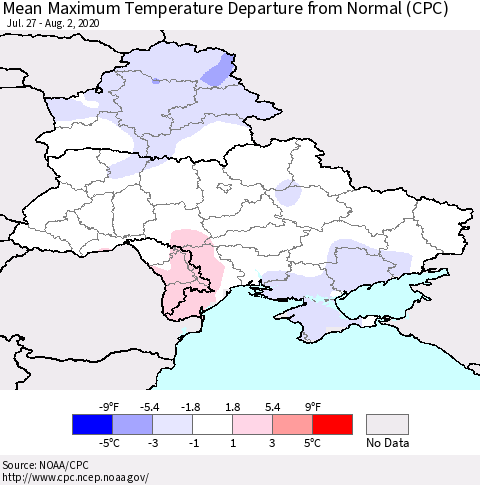 Ukraine, Moldova and Belarus Mean Maximum Temperature Departure from Normal (CPC) Thematic Map For 7/27/2020 - 8/2/2020