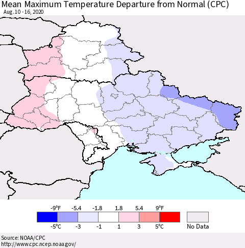 Ukraine, Moldova and Belarus Mean Maximum Temperature Departure from Normal (CPC) Thematic Map For 8/10/2020 - 8/16/2020