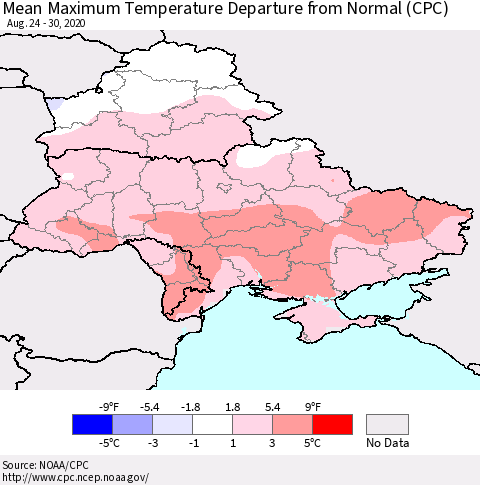 Ukraine, Moldova and Belarus Maximum Temperature Departure From Normal (CPC) Thematic Map For 8/24/2020 - 8/30/2020