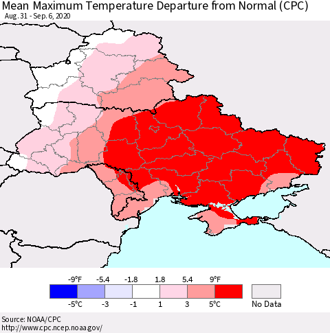 Ukraine, Moldova and Belarus Maximum Temperature Departure From Normal (CPC) Thematic Map For 8/31/2020 - 9/6/2020
