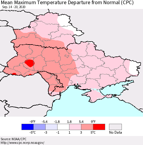 Ukraine, Moldova and Belarus Maximum Temperature Departure From Normal (CPC) Thematic Map For 9/14/2020 - 9/20/2020