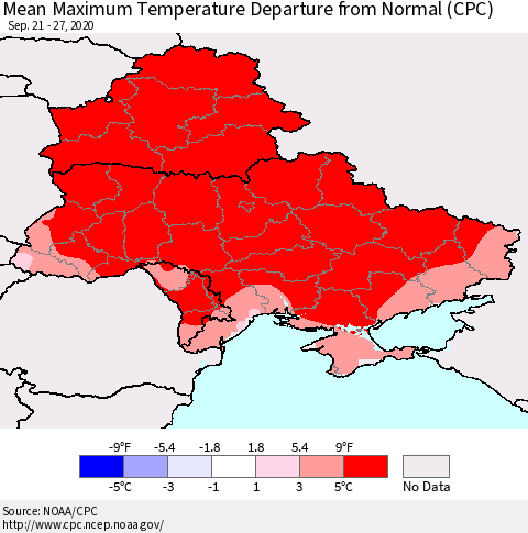 Ukraine, Moldova and Belarus Maximum Temperature Departure From Normal (CPC) Thematic Map For 9/21/2020 - 9/27/2020