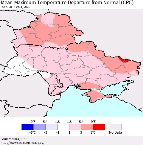 Ukraine, Moldova and Belarus Mean Maximum Temperature Departure from Normal (CPC) Thematic Map For 9/28/2020 - 10/4/2020