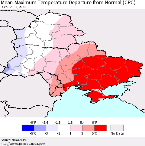 Ukraine, Moldova and Belarus Mean Maximum Temperature Departure from Normal (CPC) Thematic Map For 10/12/2020 - 10/18/2020