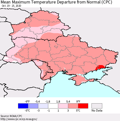 Ukraine, Moldova and Belarus Maximum Temperature Departure From Normal (CPC) Thematic Map For 10/19/2020 - 10/25/2020