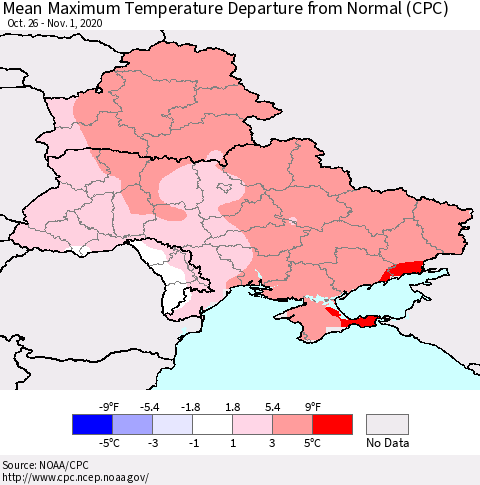 Ukraine, Moldova and Belarus Mean Maximum Temperature Departure from Normal (CPC) Thematic Map For 10/26/2020 - 11/1/2020