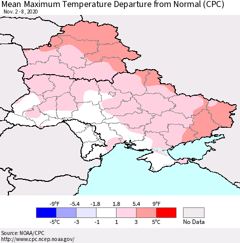 Ukraine, Moldova and Belarus Maximum Temperature Departure From Normal (CPC) Thematic Map For 11/2/2020 - 11/8/2020