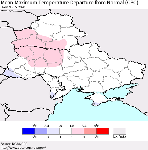 Ukraine, Moldova and Belarus Mean Maximum Temperature Departure from Normal (CPC) Thematic Map For 11/9/2020 - 11/15/2020