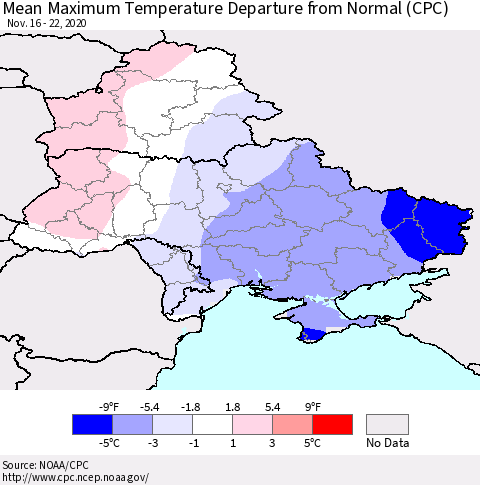 Ukraine, Moldova and Belarus Mean Maximum Temperature Departure from Normal (CPC) Thematic Map For 11/16/2020 - 11/22/2020