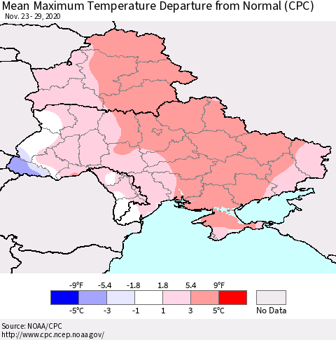 Ukraine, Moldova and Belarus Maximum Temperature Departure From Normal (CPC) Thematic Map For 11/23/2020 - 11/29/2020