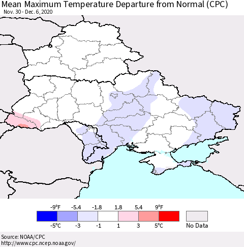 Ukraine, Moldova and Belarus Mean Maximum Temperature Departure from Normal (CPC) Thematic Map For 11/30/2020 - 12/6/2020