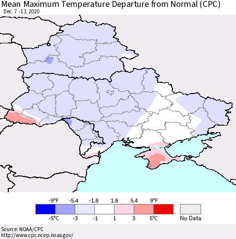 Ukraine, Moldova and Belarus Mean Maximum Temperature Departure from Normal (CPC) Thematic Map For 12/7/2020 - 12/13/2020