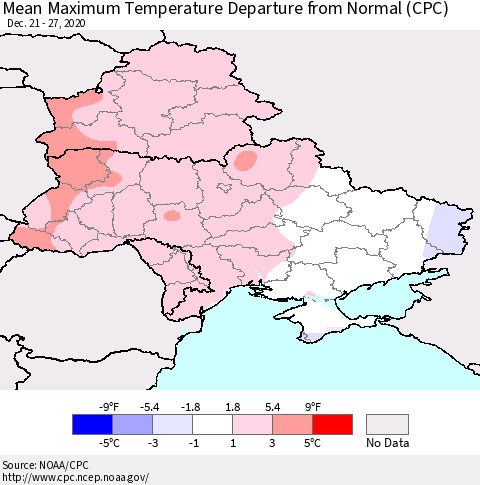 Ukraine, Moldova and Belarus Mean Maximum Temperature Departure from Normal (CPC) Thematic Map For 12/21/2020 - 12/27/2020
