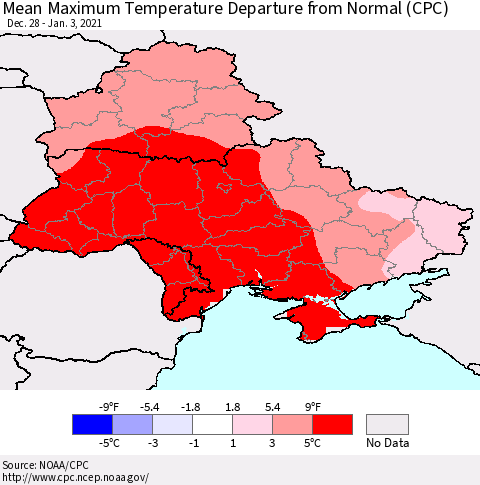 Ukraine, Moldova and Belarus Mean Maximum Temperature Departure from Normal (CPC) Thematic Map For 12/28/2020 - 1/3/2021